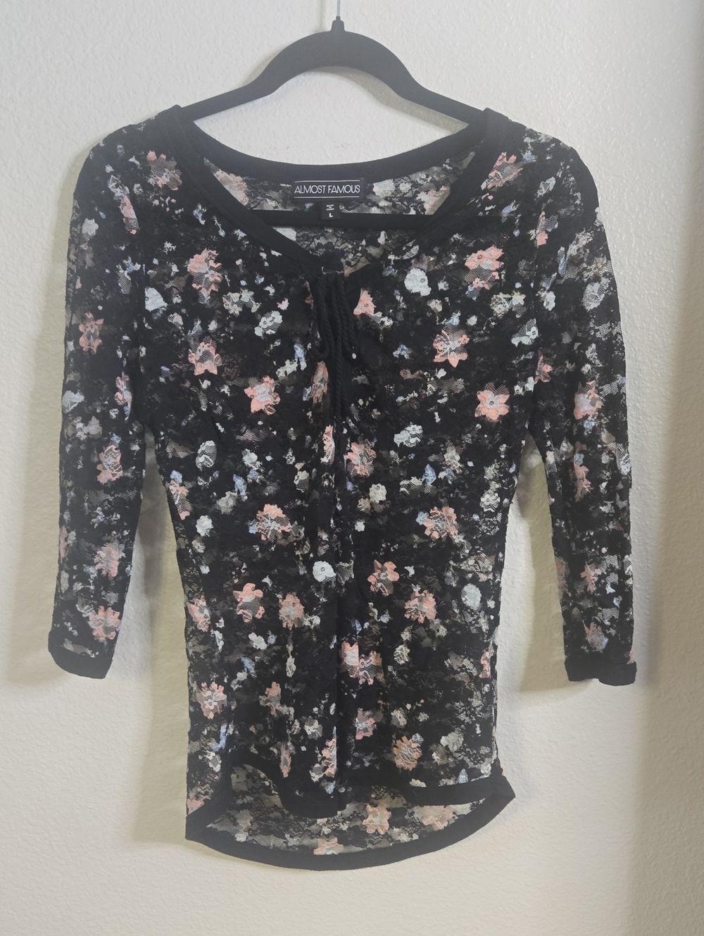 Almost Famous Black Floral Lace Tie-Front Top with Pink & White Blooms